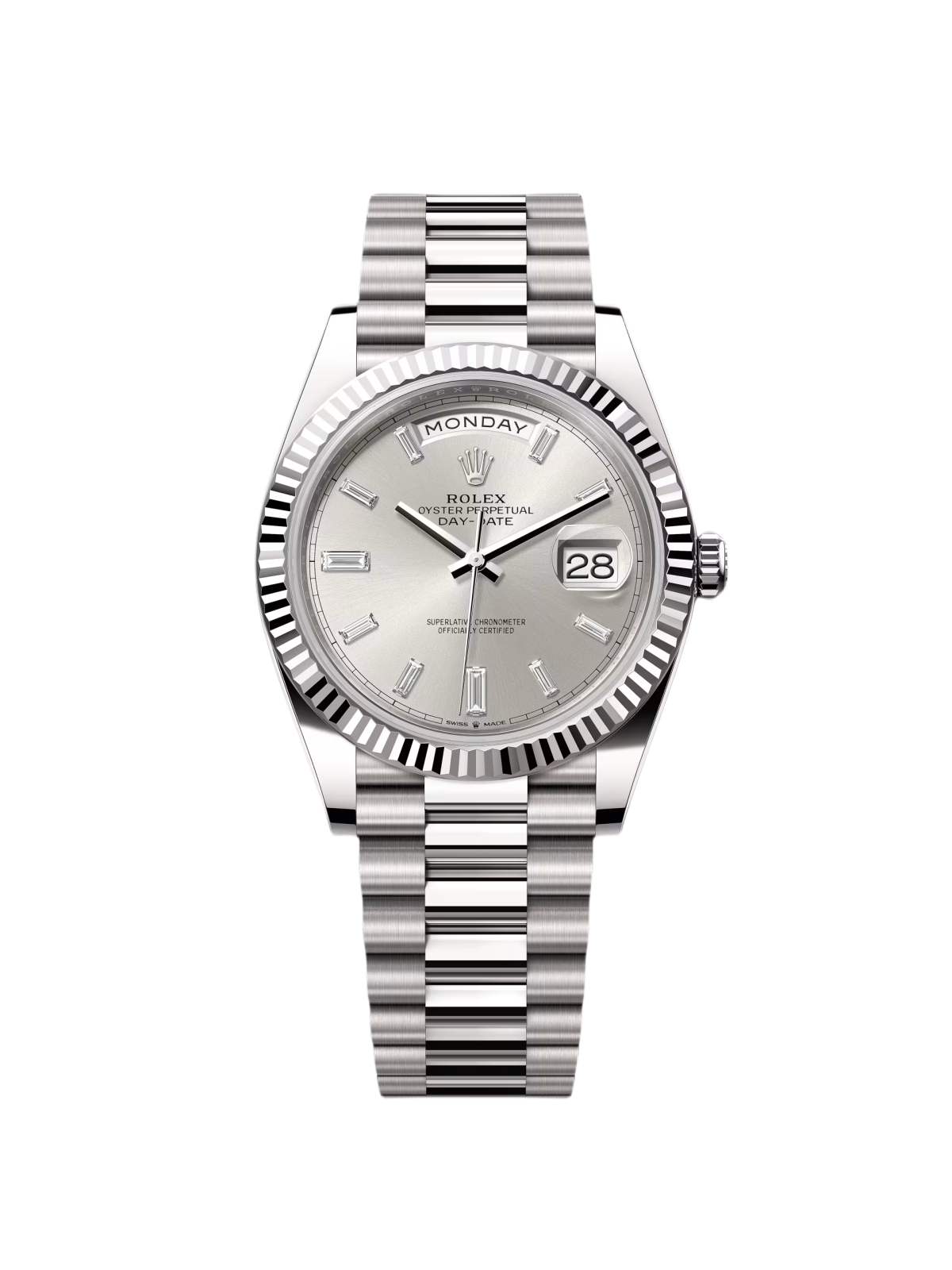 Rolex Day-Date President 40mm White Gold Silver Diamond Baguette Dial - 228239