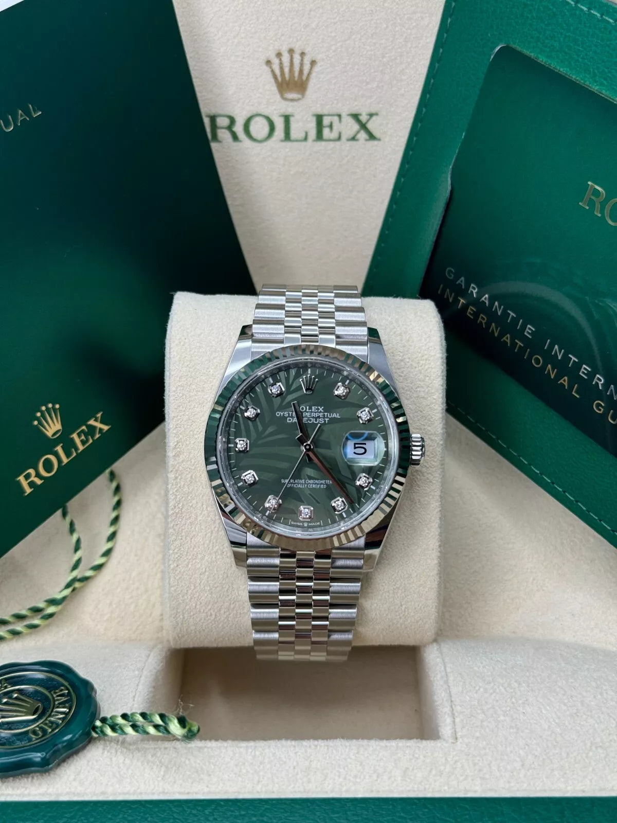 Rolex Datejust 36mm 126234 Olive Green Palm Motif Diamond Dial Jubilee Stainless Steel Watch - Image 8