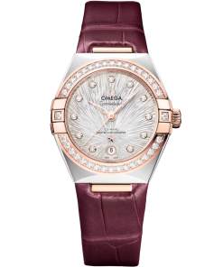Omega Constellation 29mm Steel And Sedna Gold Case Diamond Bezel PVD Canopus Gold Silver Dial Burgundy Leather Strap 131.28.29.20.52.001