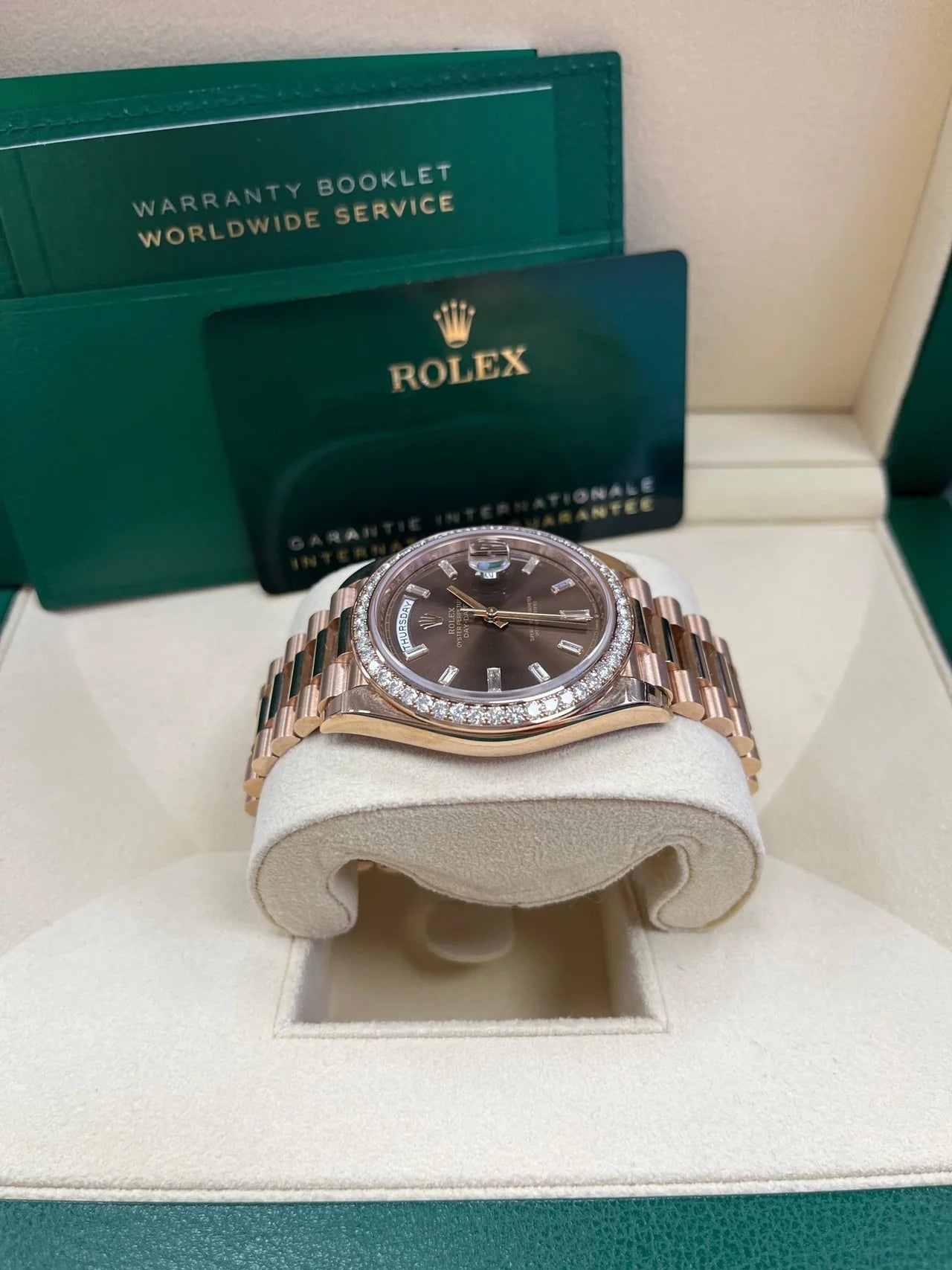 Rolex Day-Date 40mm Chocolate Baguette Diamond Dial Diamond Bezel Dial Watch 228345RBR - Image 2