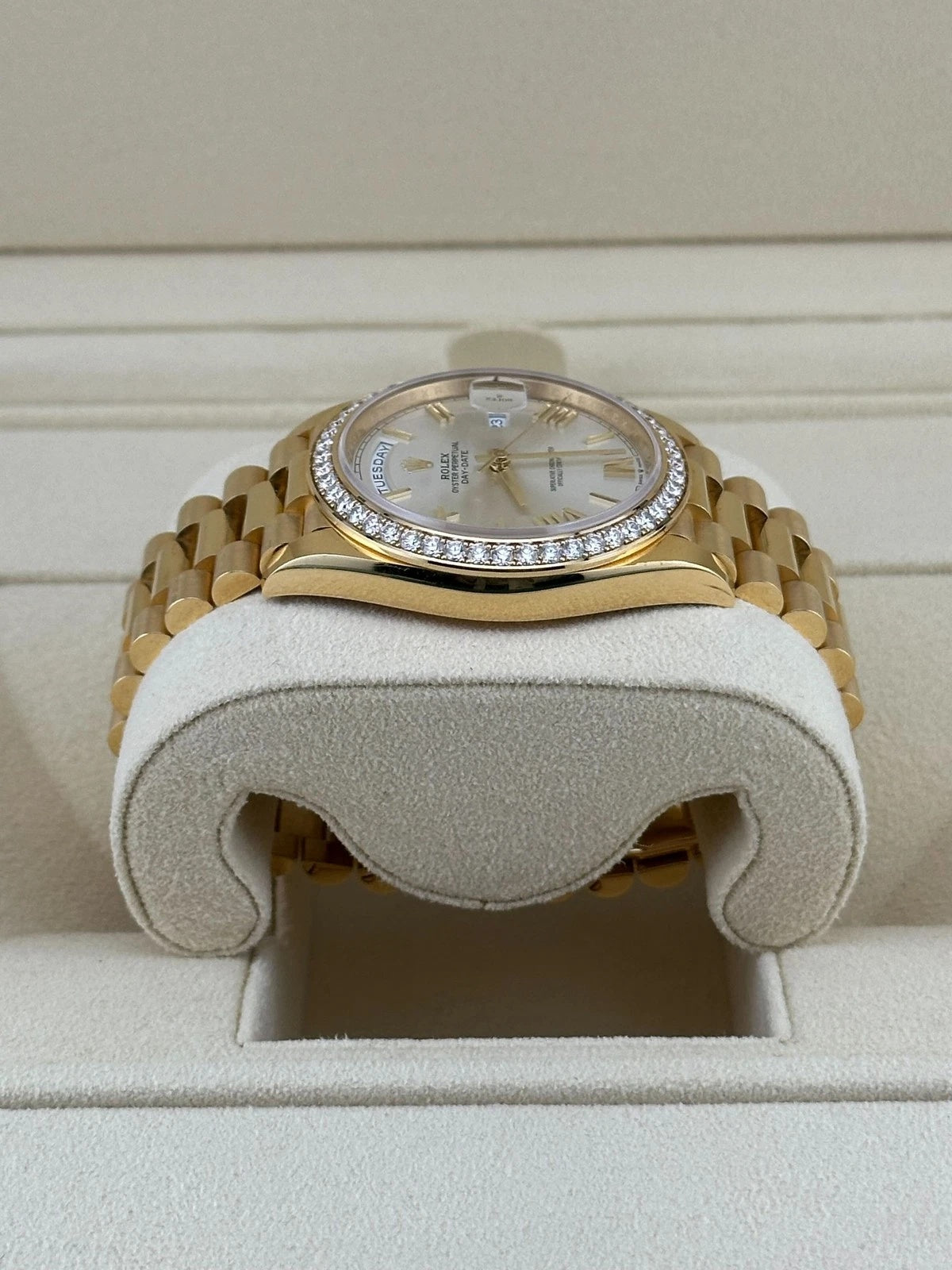 Rolex Day-Date 40mm Silver Roman Dial and Diamond Bezel Yellow Gold President Bracelet 228348RBR-0007 - Image 2