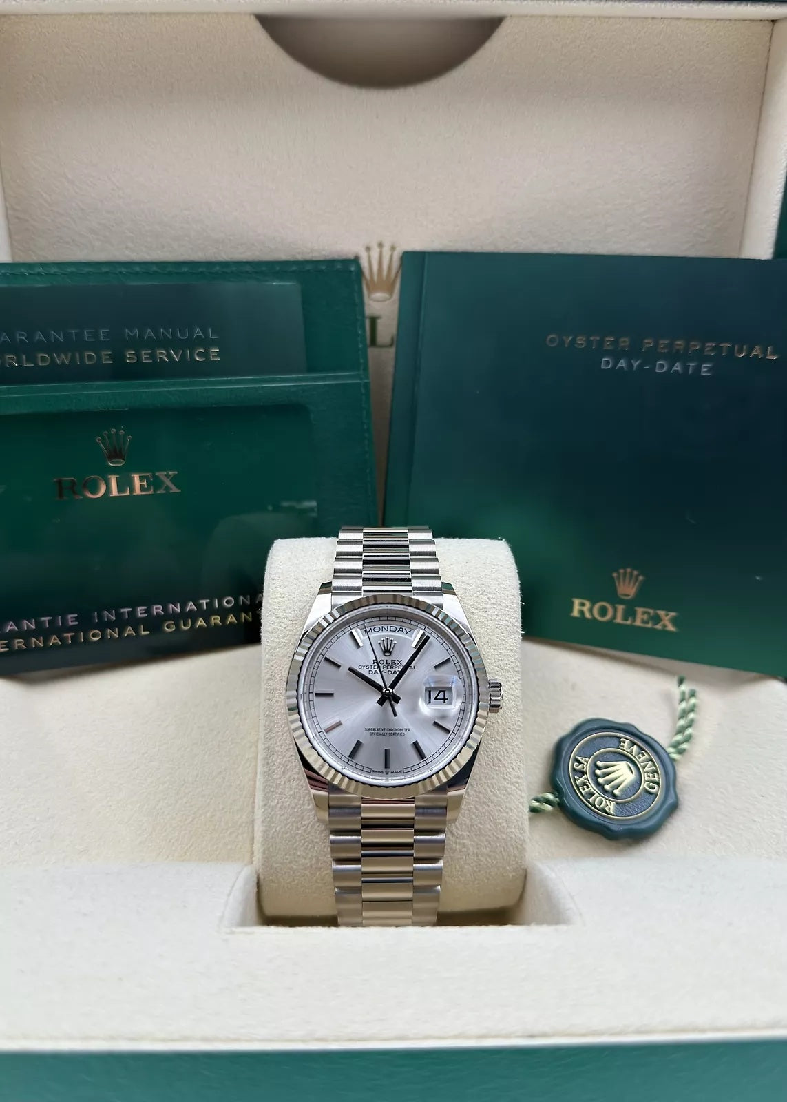 Rolex Day-Date President 40mm White Gold Silver Diamond Baguette Dial - 228239 - Image 6