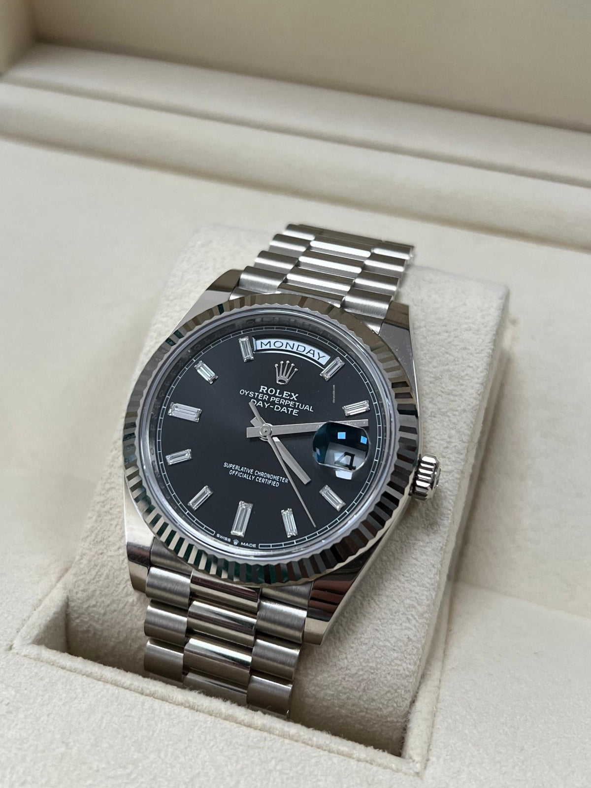 Rolex Day-Date President 40mm White Gold Black Diamond Baguette Dial - 228239 - Image 9