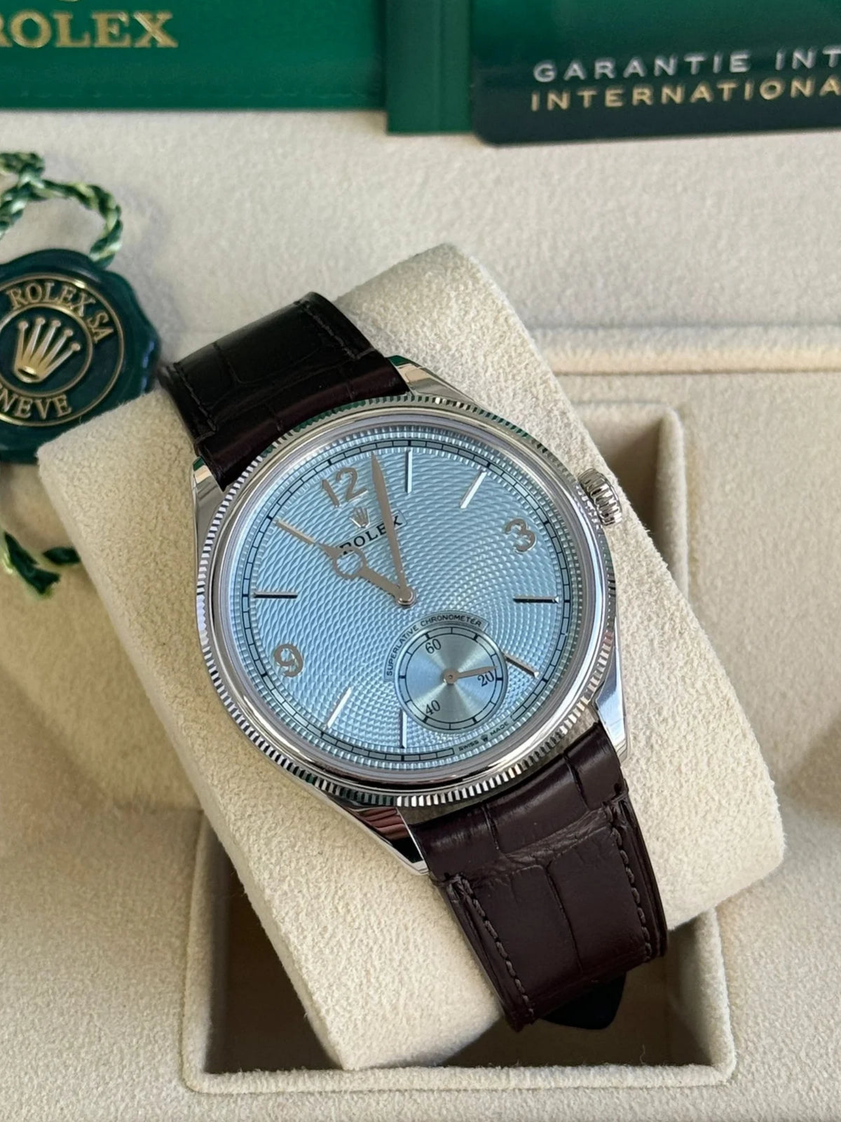 Rolex 1908 Platinum Ice Blue Dial Brown Alligator Strap - 52506-0002 - Image 3