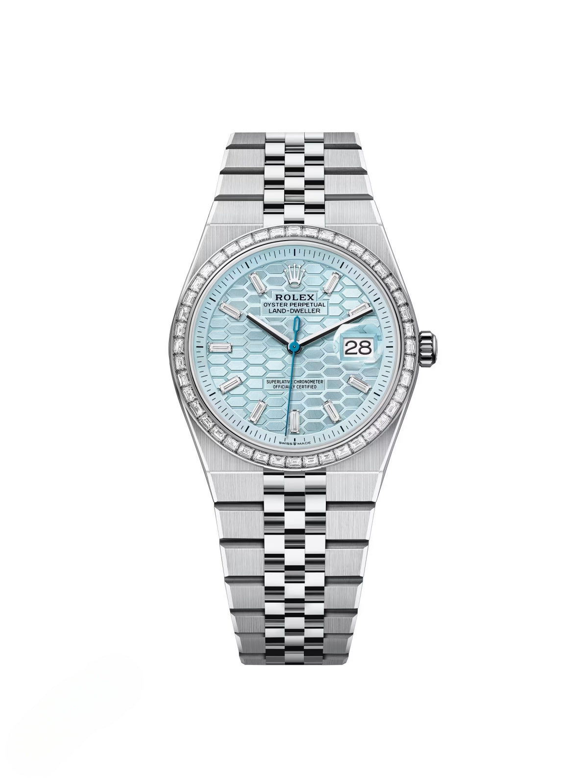 Rolex Land-Dweller 127286TBR-0001 Blue Honeycomb Dial Diamond Platinum Jubilee Bracelet 36mm