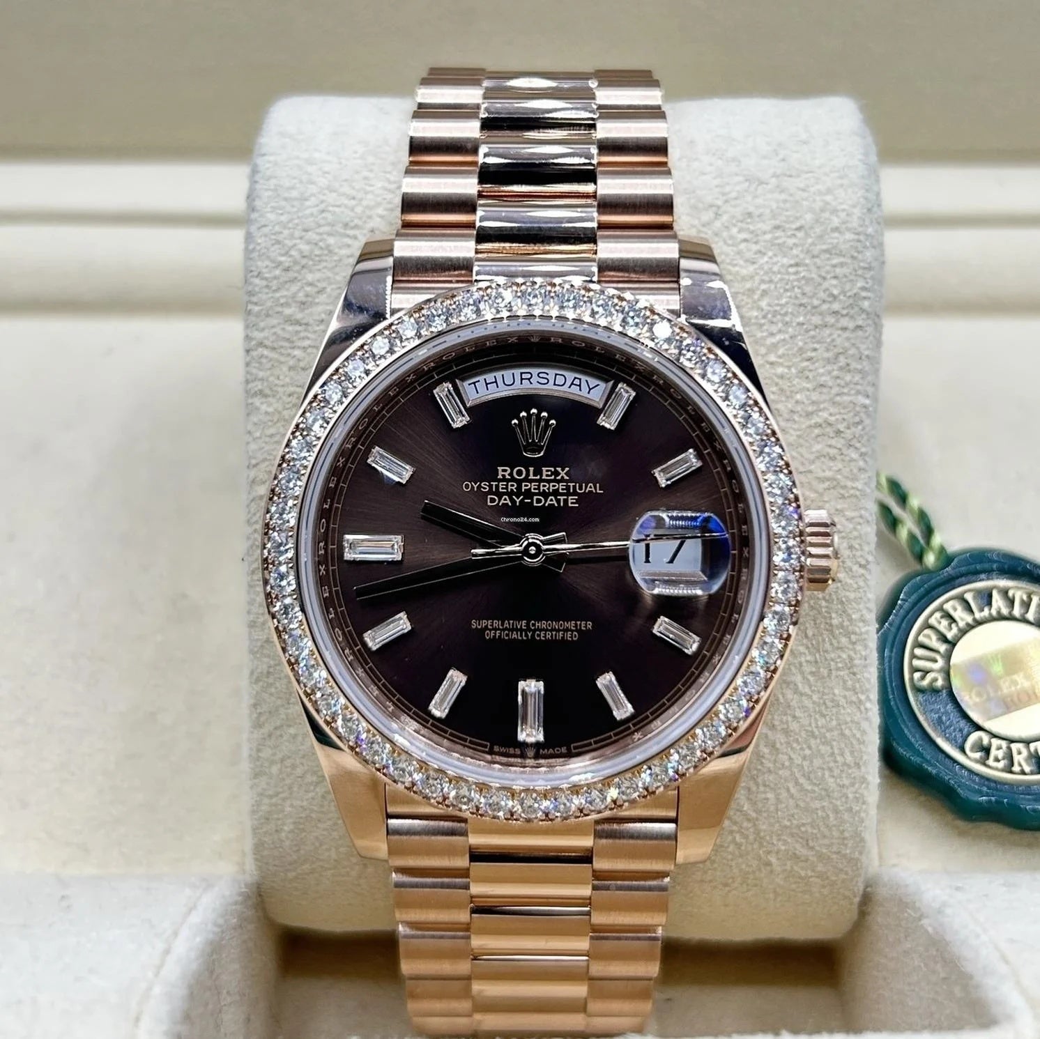 Rolex Day-Date 40mm Chocolate Baguette Diamond Dial Diamond Bezel Dial Watch 228345RBR - Image 5