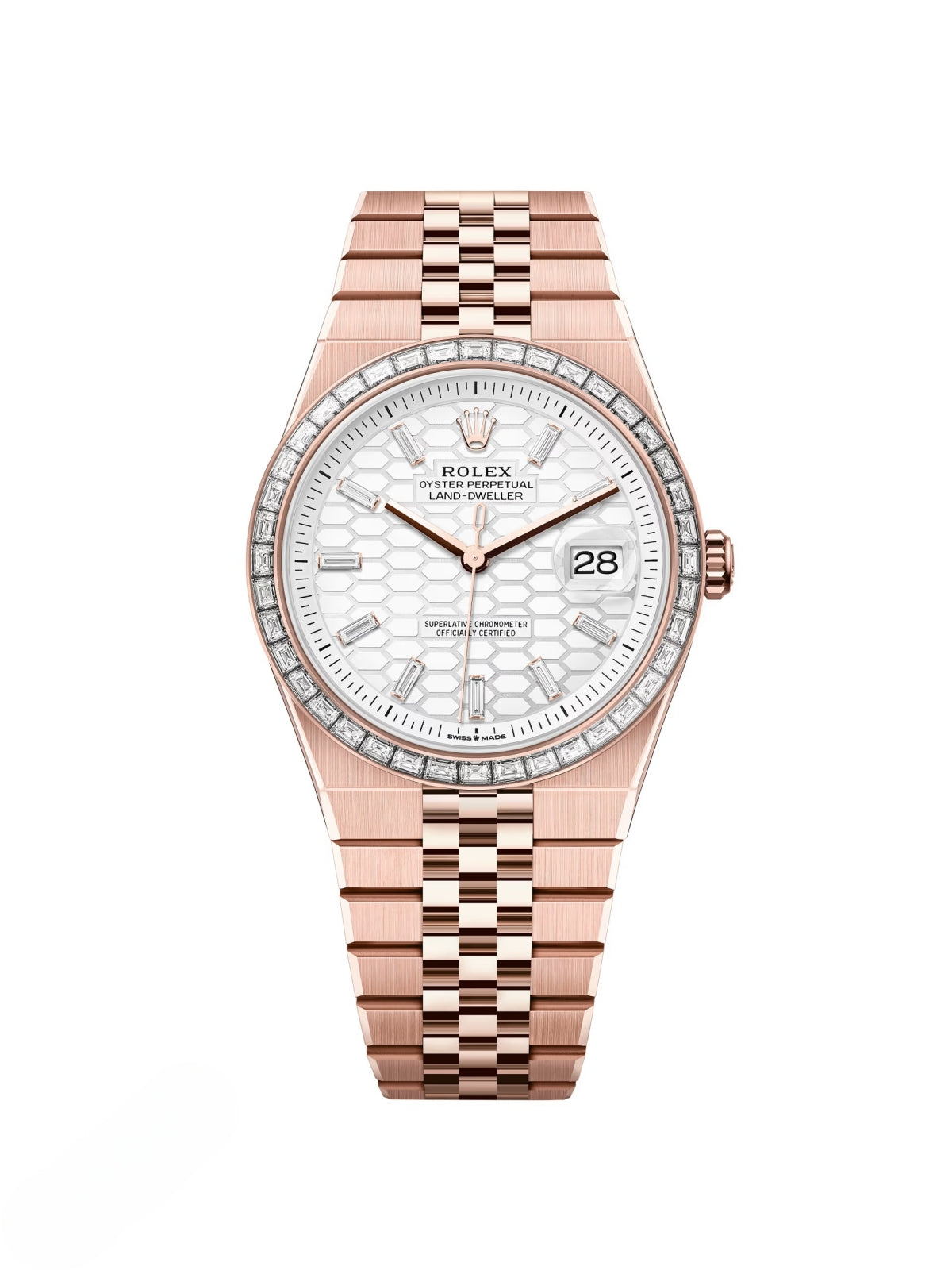 Rolex Land-Dweller 127385TBR-0003 White Honeycomb Dial Diamond Everose Jubilee Bracelet 40mm