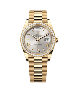 Rolex Day-Date 40mm Silver Roman Dial and Diamond Bezel Yellow Gold President Bracelet 228348RBR-0007