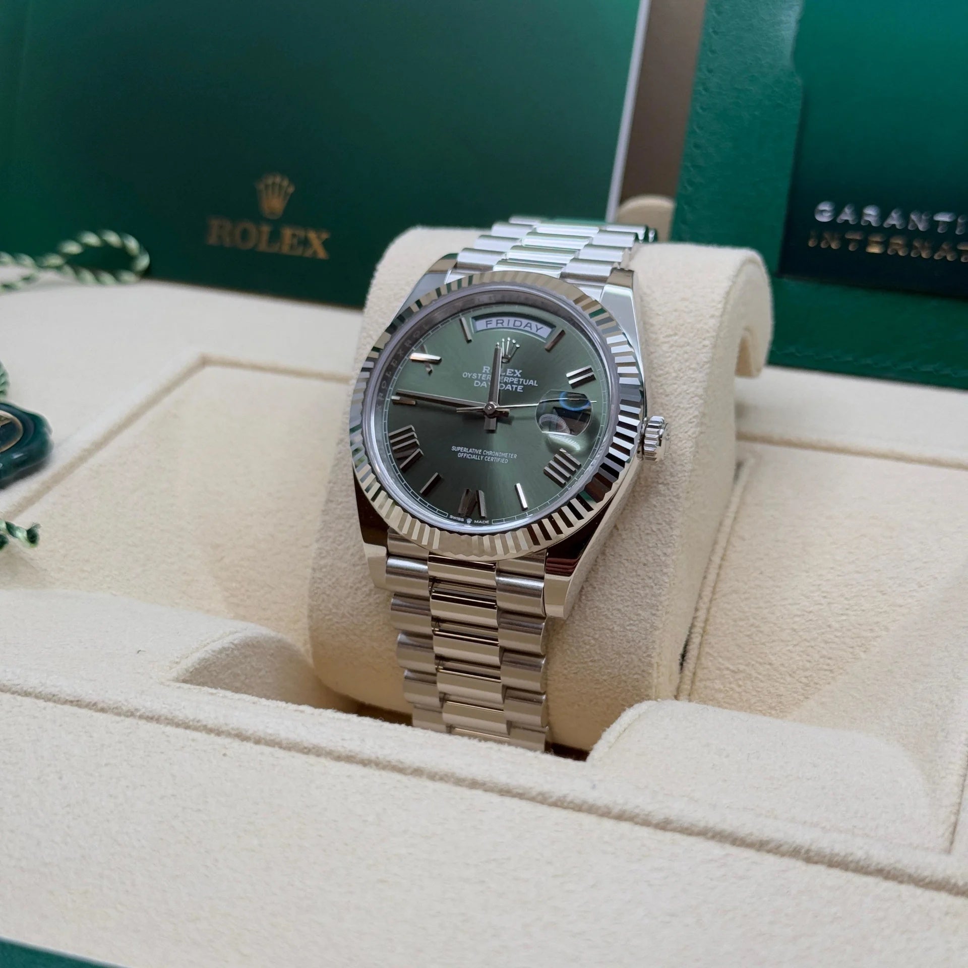 Rolex Day-Date President 40mm Platinum Green Olive Roman Dial - 228236 - Image 6