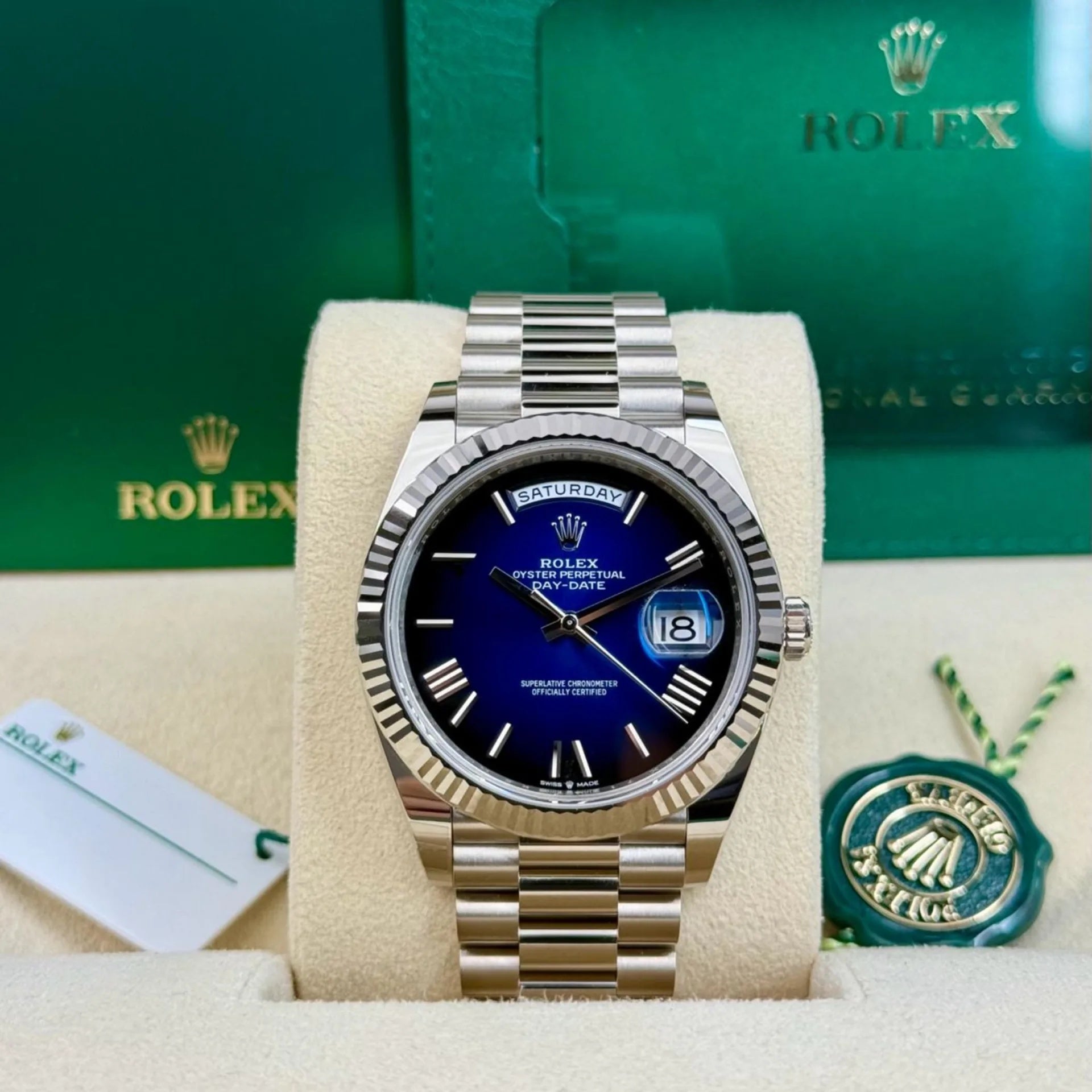 Rolex Day-Date President 40mm White Gold Blue Roman Ombre Dial - 228239 - Image 8