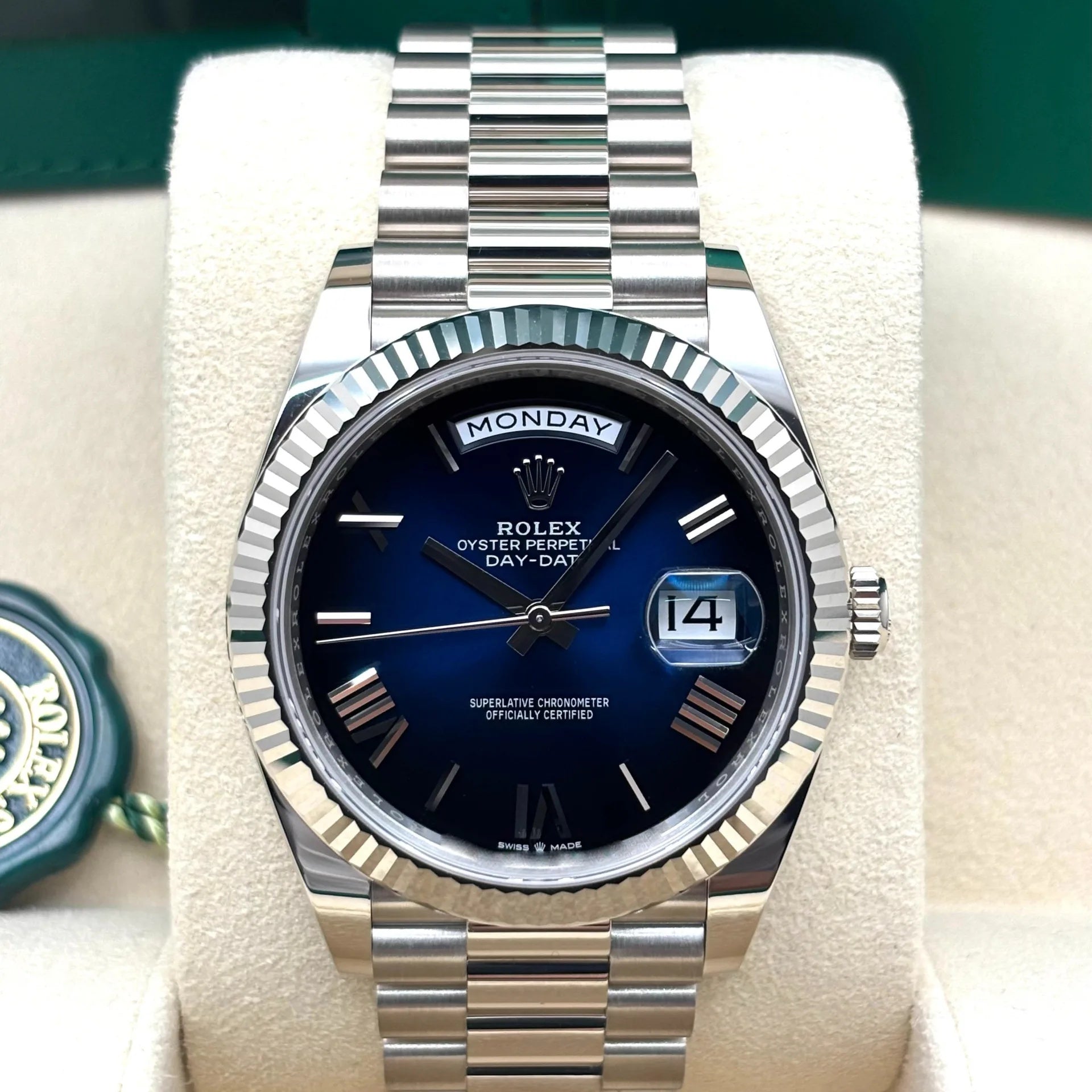 Rolex Day-Date President 40mm White Gold Blue Roman Ombre Dial - 228239 - Image 2