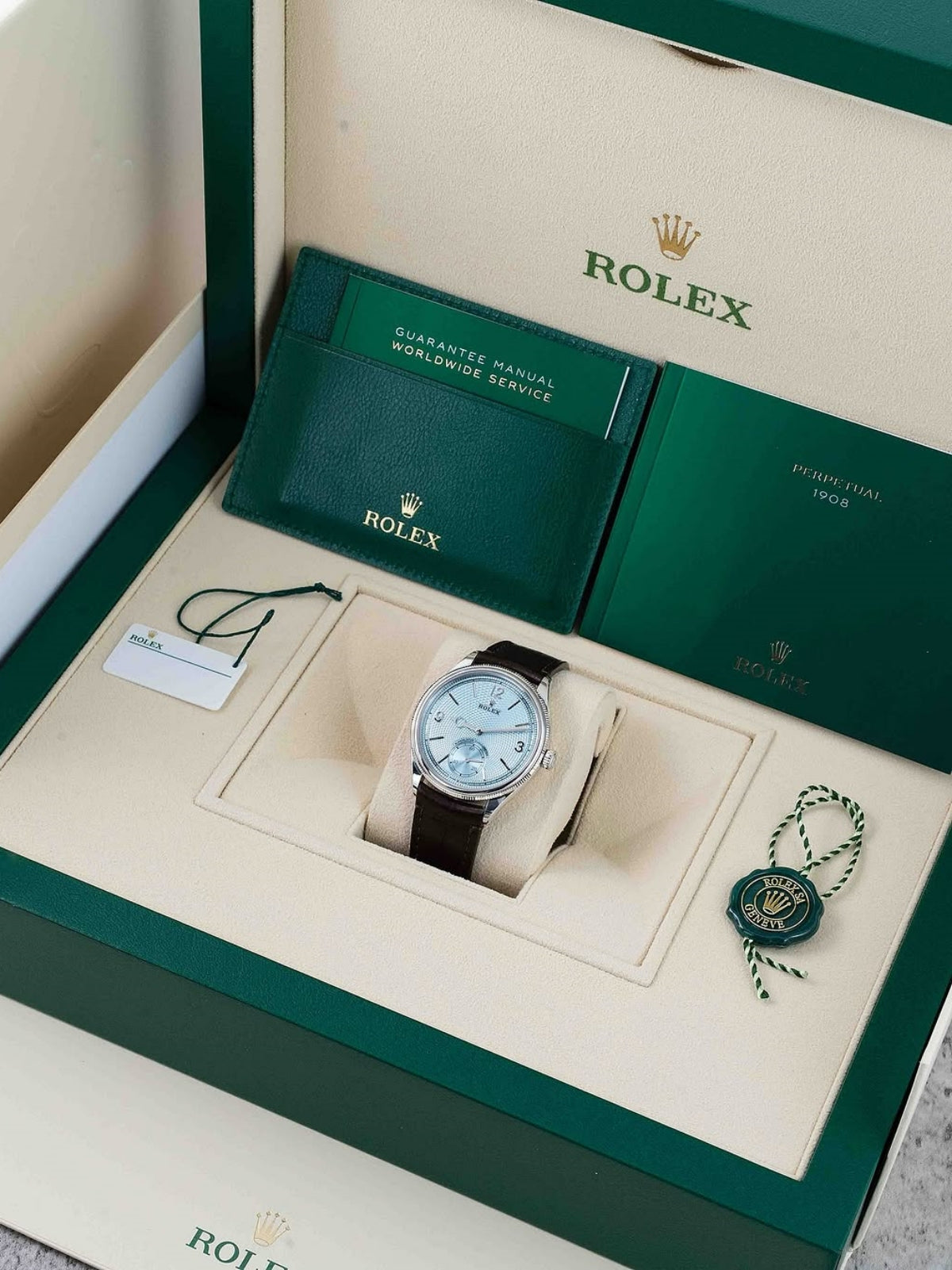 Rolex 1908 Platinum Ice Blue Dial Brown Alligator Strap - 52506-0002 - Image 10