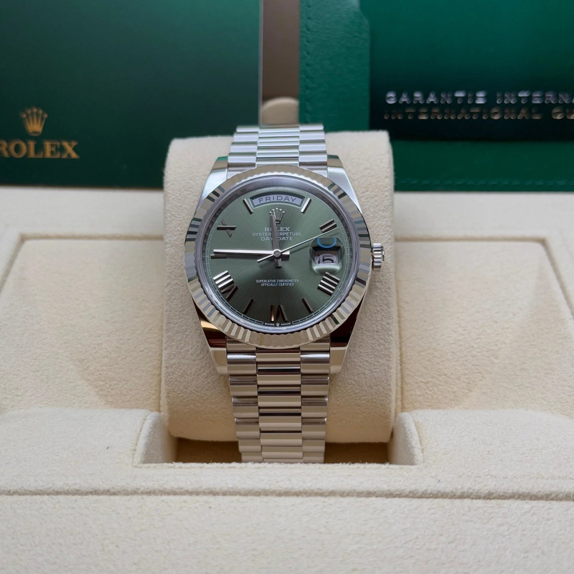 Rolex Day-Date President 40mm Platinum Green Olive Roman Dial - 228236 - Image 5