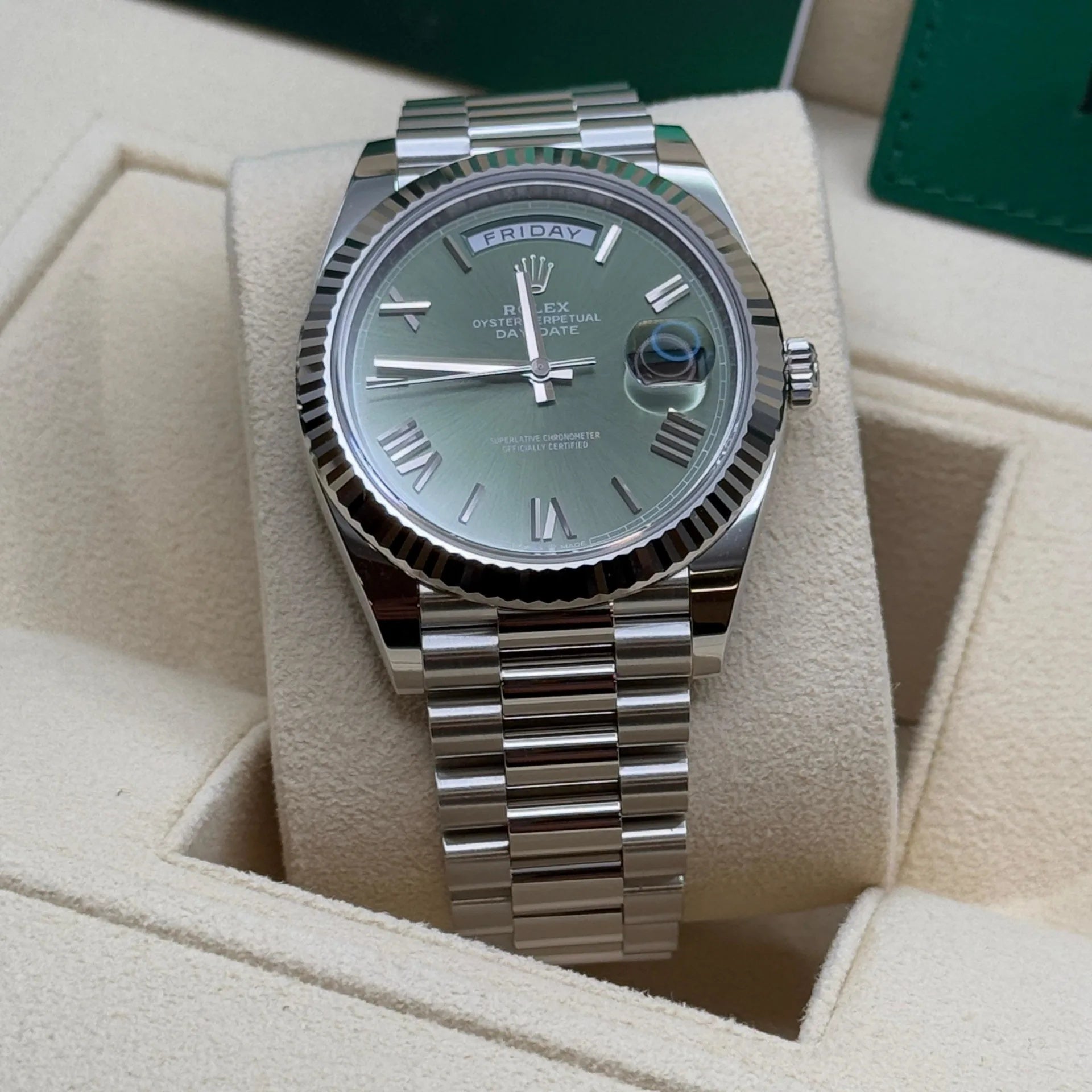 Rolex Day-Date President 40mm Platinum Green Olive Roman Dial - 228236 - Image 9
