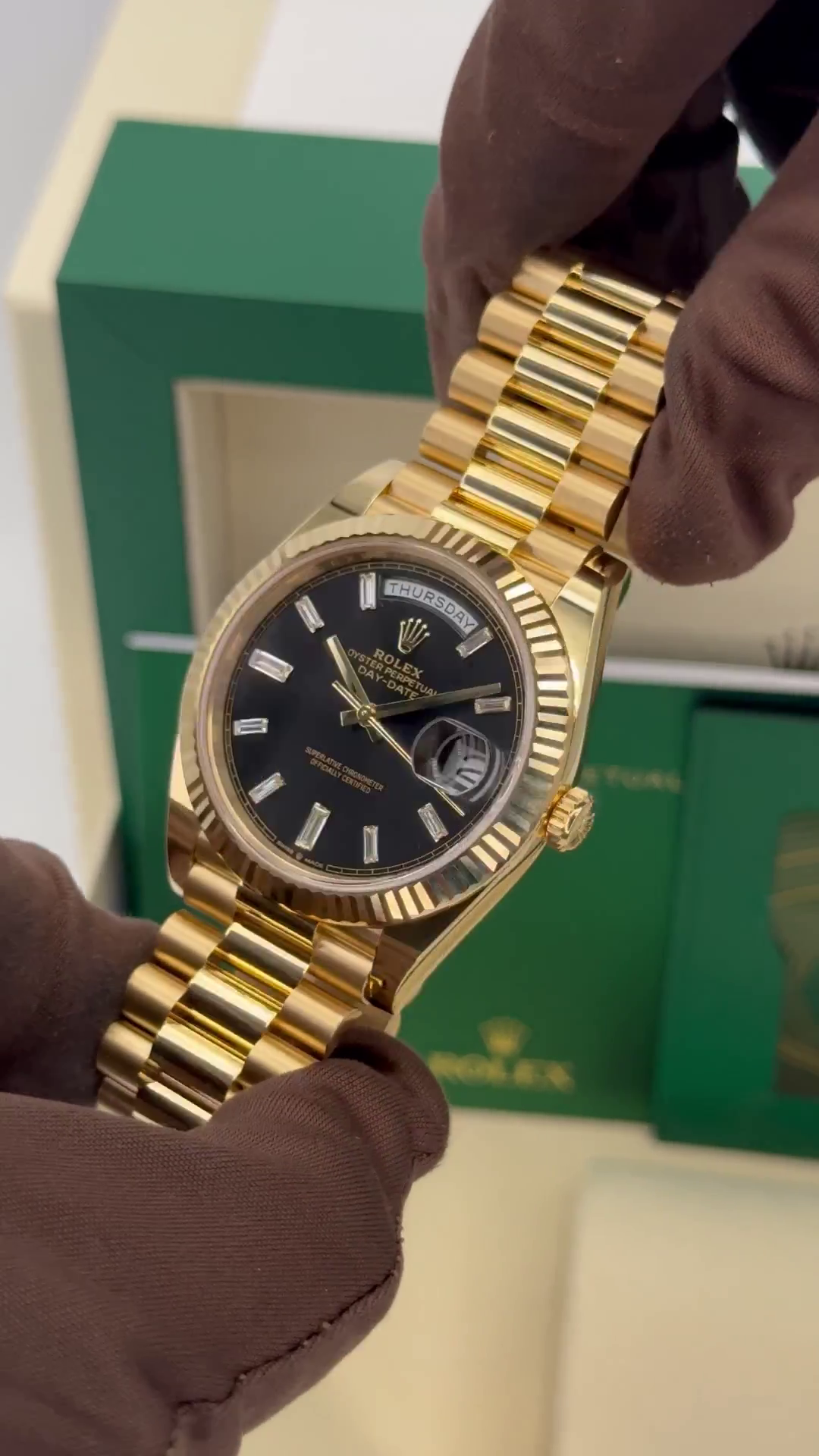 Rolex Yellow Gold President Day Date 40mm Black Diamond Baguette Dial - 228238 - Image 8
