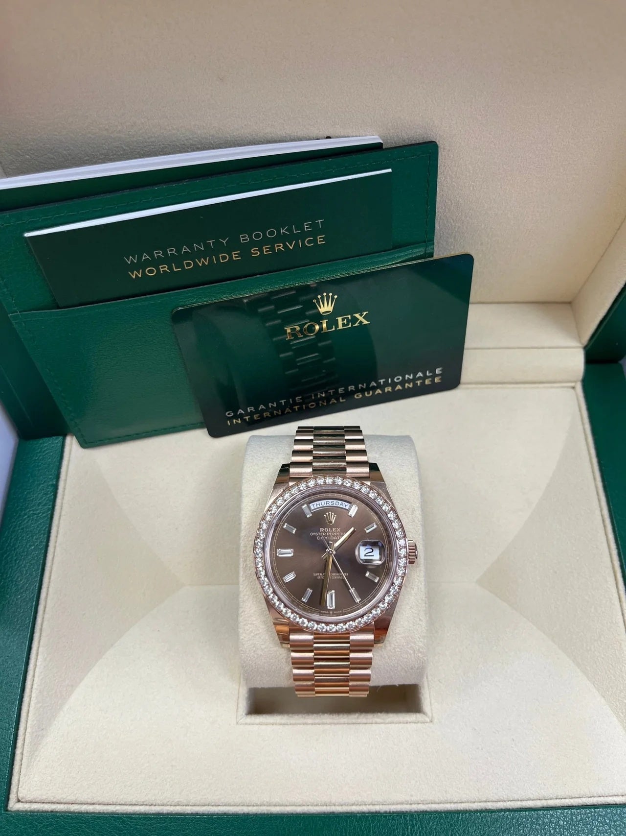 Rolex Day-Date 40mm Chocolate Baguette Diamond Dial Diamond Bezel Dial Watch 228345RBR - Image 4
