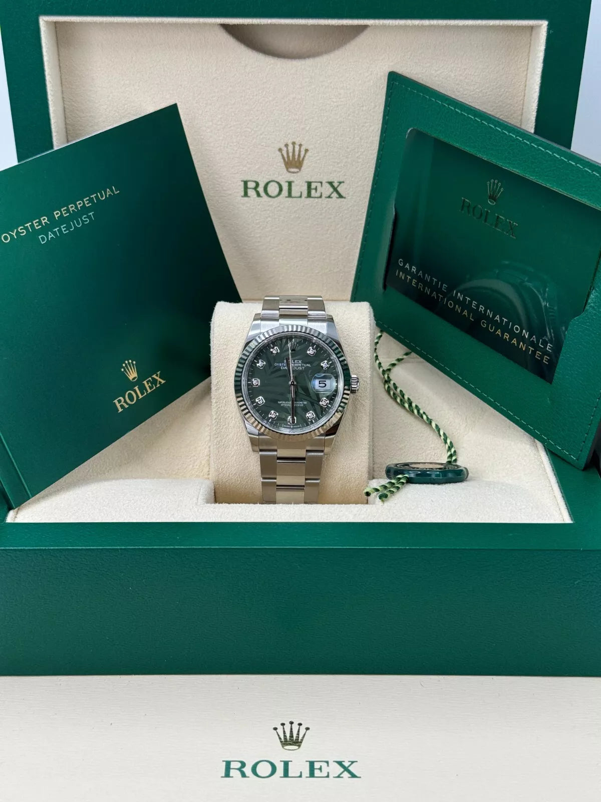 Rolex Datejust 36mm 126234 Olive Green Palm Motif Diamond Dial Jubilee Stainless Steel Watch - Image 7