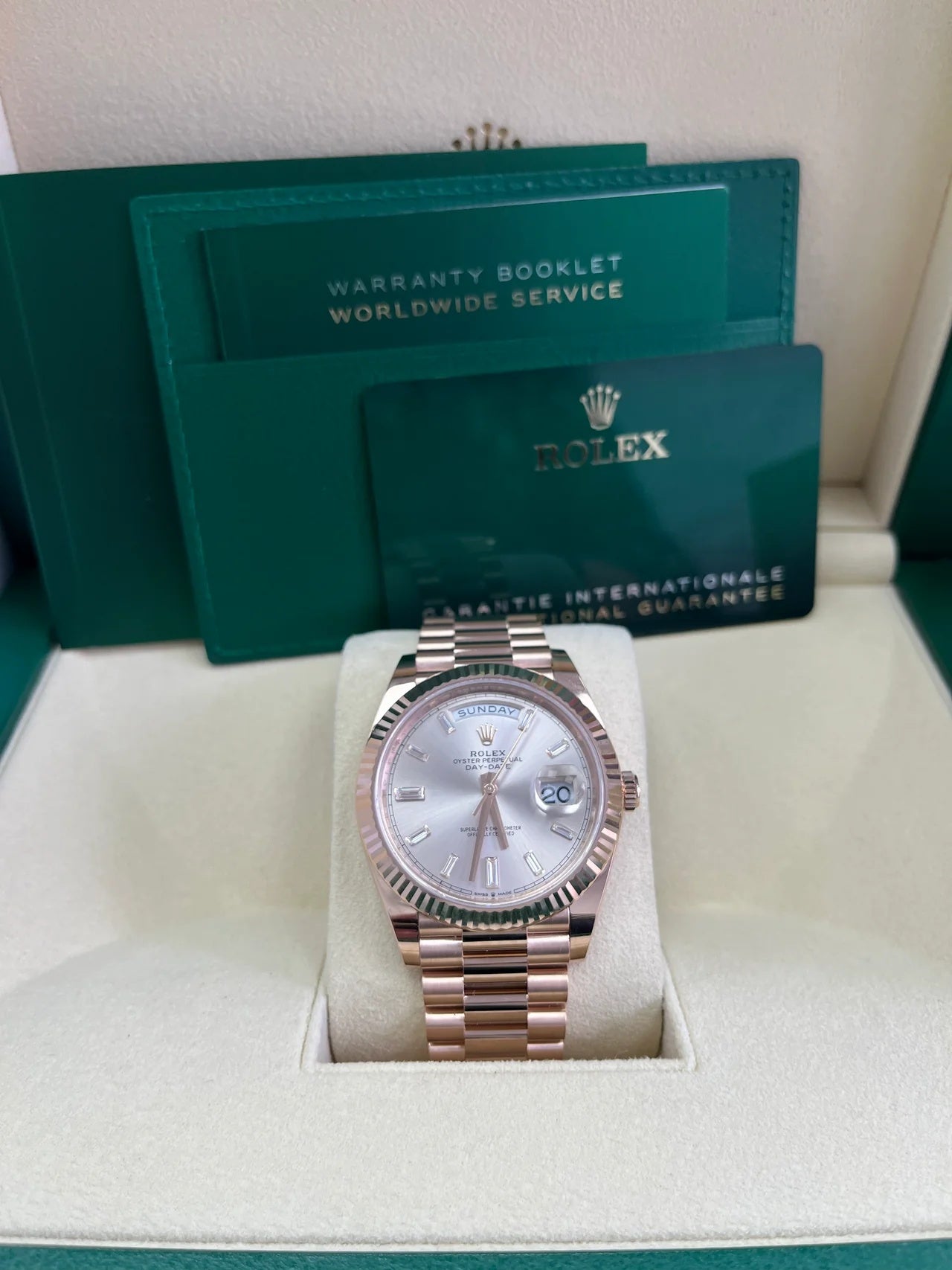 Rolex Day-Date President 40mm Everose Gold Sundust Diamond Baguette Dial - 228235 - Image 9