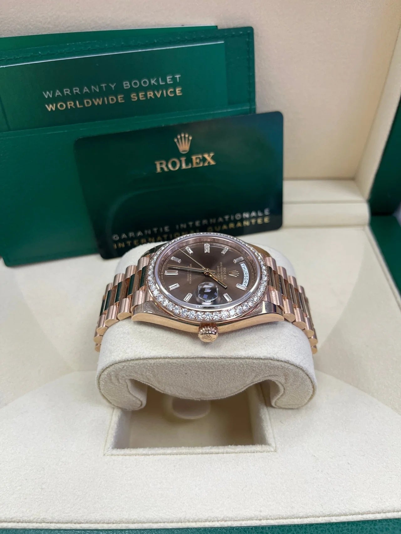 Rolex Day-Date 40mm Chocolate Baguette Diamond Dial Diamond Bezel Dial Watch 228345RBR - Image 9