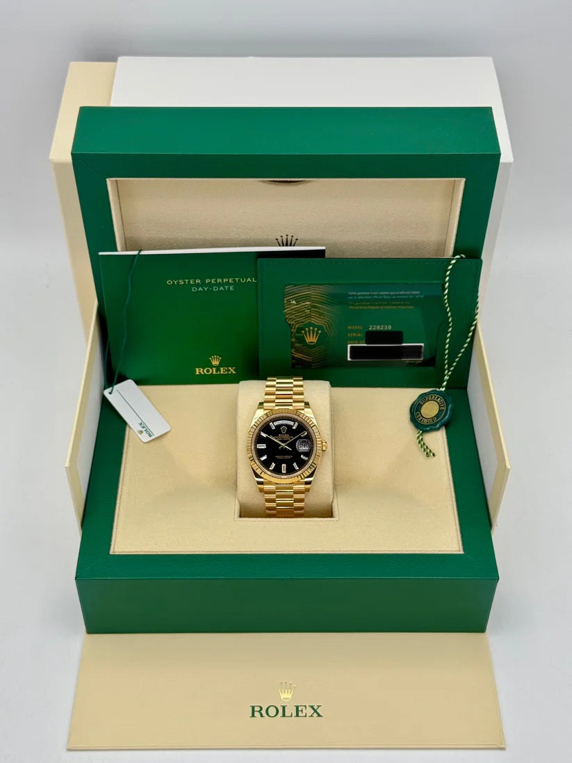 Rolex Yellow Gold President Day Date 40mm Black Diamond Baguette Dial - 228238 - Image 7